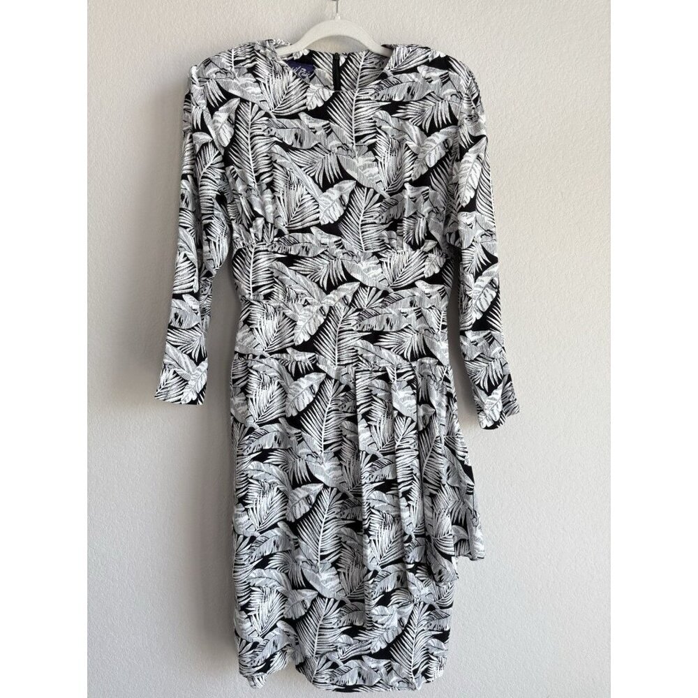 Vintage 1980s APRIL‎ RAIN Dress White Black Palm Print Dolman Long Sleeve 13-14 - Picture 3 of 13